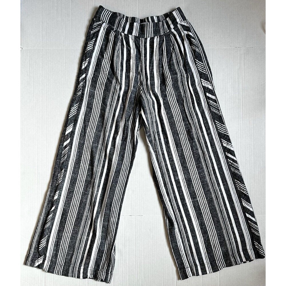 Tribal Pull-On Flowy Wide Leg Pants w/ Pockets Grey White Striped Petite Small